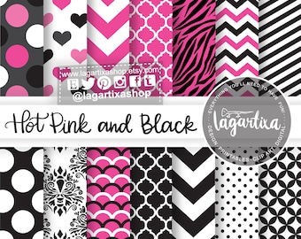 Digital Paper Hot Pink Black white Fuchsia Quadrifoil Polka Dots Chevron Damask Moroccan stencil for invitations baby shower scrapbooking
