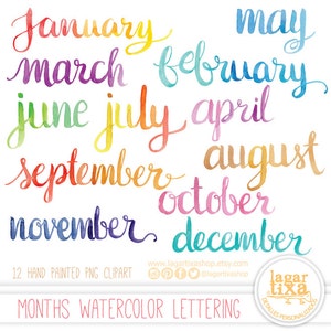Meses del Año Letras en Acuarela cursiva PNG Clipart lettering palabras escritas a mano para Calendario rosa amarillo naranja violeta