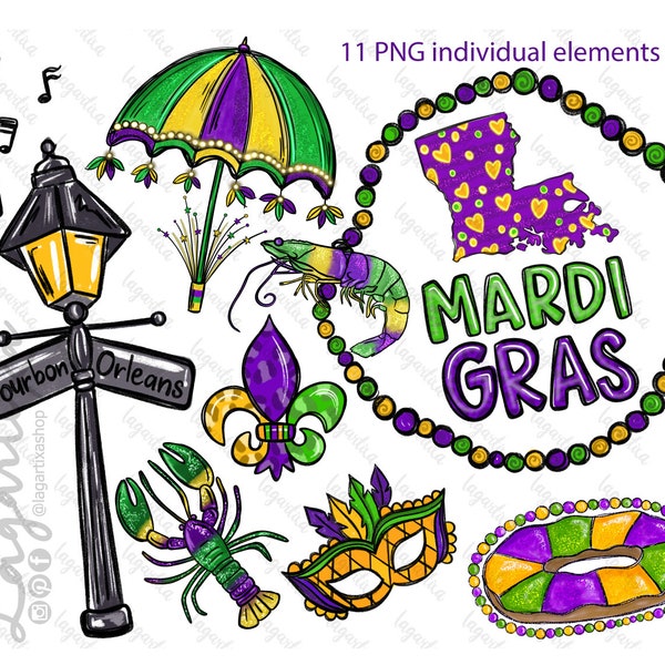Mardi Gras PNG Individual Clipart Elements Street Lamp Beads Lousiana Fleur Fleur De Lis Digital Art for Carnival PNG hand drawn art design