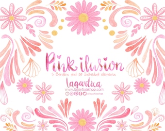 Pink Floral Watercolor, hand painted Floral clipart, PNG, mexican Style, 5 de mayo, flowers, hand painted, cinco de mayo, Girly baby Shower