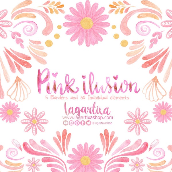 Pink Floral Watercolor, hand painted Floral clipart, PNG, mexican Style, 5 de mayo, flowers, hand painted, cinco de mayo, Girly baby Shower