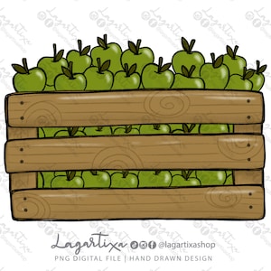 Maçãs Caixas de frutas de madeira Design PNG Arquivo Digital Sublimação para camiseta Caneca Toalhas Imagem de lembrança Desenhada à mão Download instantâneo Favores de fazenda