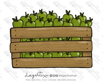 Green Apples Wooden fruit crates PNG Digital File Sublimation for t-shirt Mug Towels Souvenir Image Hand Drawn Instant Download Farm favors