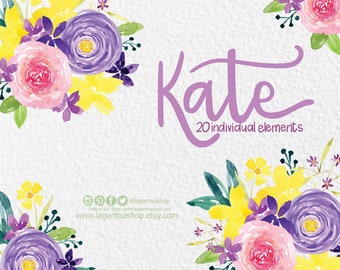 Watercolor Purple Pink Roses Wild Yellow Individual png Flowers clipart Floral PNG Hand painted wedding bouquet, arrangement, bridal shower