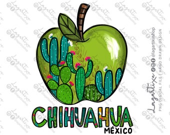 Green Apple mexican Chihuahua Floral Cactus Desert Design PNG Digital File Sublimation t-shirt Mug Towels Souvenir Hand Drawn Farm favors