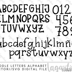 Puede incluir: Un alfabeto de fuente garabateado en blanco y negro con letras mayúsculas y minúsculas y números. La fuente es de estilo dibujado a mano con un aspecto informal y juguetón. El texto "DOODLE LETTERS ALPHABET VECTOR//SVG DIGITAL FILE" está en la parte inferior de la imagen.