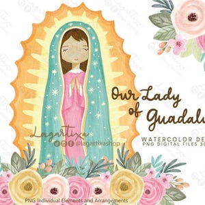 Virgencita De Guadalupe Mexique Aquarelle Peinte à la main Clipart pour invitations Cartes Tags Aquarelle Fleurs Floral Papier numérique