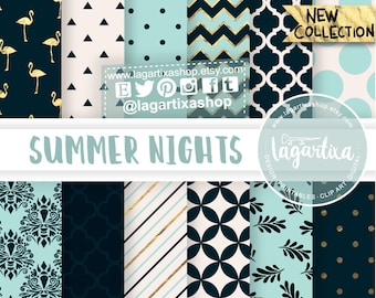 Navy Blue, Turquoise and Gold Foil, Digital paper, Summer, flamingos Patterns, leaves, patterns, polka dots, stripes, chevron, backgrounds