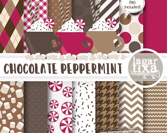 Christmas Chocolate Peppermint Digital Paper Clipart Cups of latte for invitations, tags, blog, cards, printables, recipe book, candybar