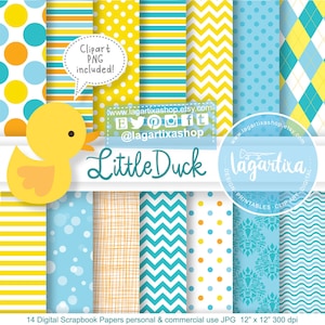 Baby Little Duck Digital Paper, Clipart PNG, Cute, Patterns, Yellow and Blue, Baby Nursery Decor, Prints, Wall art, quotes, party events diy