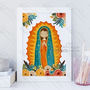 Virgen de Guadalupe PRINT Lista para Imprimir tamaño Carta 8.5 x 11 pulgadas Acuarela de Virgen con Flores para enmarcar decoracion cuarto