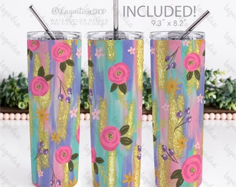 Seamless Patterns Watercolor Floral whimsical hand painted Digital Paper, pink roses, gold glitter, bridal shower, tumblers, invitations