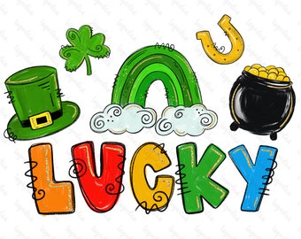 Patrick's Day Hand Drawn Clipart PNG Individual Elements hand painted digital art instant download Rainbow Shamrock Hat Lettering Irish art