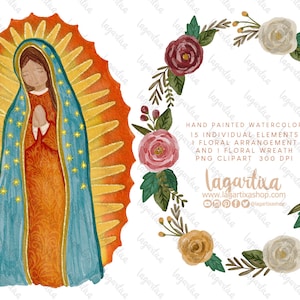 Maagd van Guadalupe, Maagd Morena Maagd van Mexico Aquarel Clipart PNG handgeschilderd, bloemen, voor de doop, Santitos, Eerste Communie