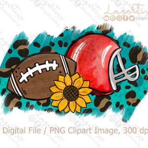 Puede incluir: Una imagen de clipart digital de una pelota de fútbol, un casco de fútbol rojo y un girasol amarillo sobre un fondo de estampado de leopardo azul turquesa y marrón.
