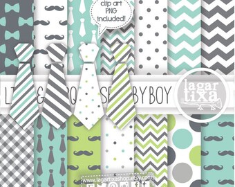 Father's Day, Tie, Grey, Gray, Turquoise, Green, Digital Paper I Mustache You A Question scrapbooking Mustaches and Chevron Backgrounds