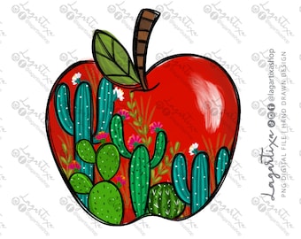 Red Apple mexican Chihuahua Floral Cactus Desert Design PNG Digital File Sublimation t-shirt Mug Towels Souvenir Hand Drawn Farm favors