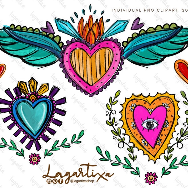 Milagritos Mexican Sacred Hearts Crosses Sublimation Images Digital Files PNG Hand Drawn Doodles Colorful Fiesta Cinco de Mayo Dia Muertos