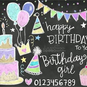 Anniversaire craie effet PNG Clipart craie superpositions gâteau de fête d’anniversaire chapeau de fête bannière ballons Cupcake rubans éléments individuels numérique
