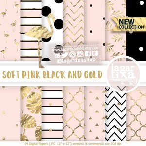 Puede incluir: Un conjunto de 14 papeles digitales con una variedad de patrones en rosa suave, negro y dorado. Los patrones incluyen flamencos, lunares, rayas, chevron y diseños geométricos. Los papeles miden 30,5 cm por 30,5 cm y tienen una resolución de 300 dpi.