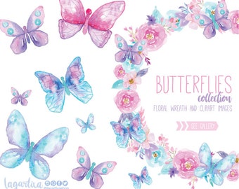 Butterflies Pink Blue Purple Wreath Flowers Watercolor clipart Individual Girly Butterfly PNG florals png Nursery baby shower digital art