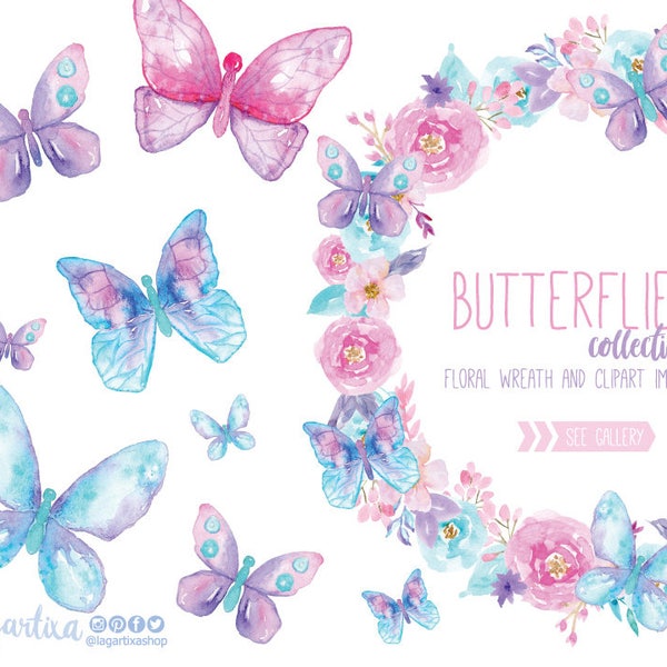 Aquarelle papillons, Couronne de fleurs, Clipart PNG, peint à la main, insectes, coloré, pour invitations, enterrement de vie de jeune fille, blog