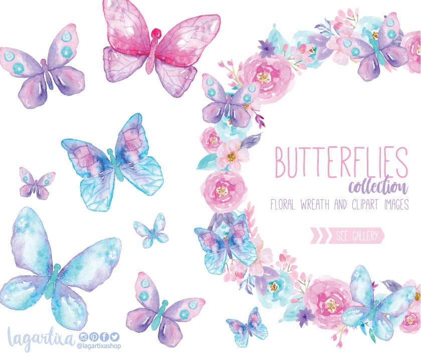 Butterflies Pink Blue Purple Wreath Flowers Watercolor Clipart