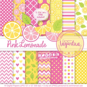Pink Lemonade Hintergründe Digitales Papier Zitronen Limetten rosa gelb Grapefruit Damast Kleeblatt Chevron für druckbare Einladungen Lagartixa