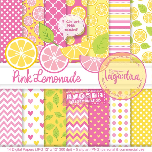 Pink Lemonade Yellow Lemons Digital Paper Spring Summer Green Polka Dots Hearts Leaves patterns damask Card Making by Lagartixa