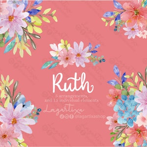 Puede incluir: Dise&ntilde;o floral de acuarela con el nombre "Ruth" y el texto "5 arreglos, y 15 elementos individuales Lagartixa @lagartixashop". El dise&ntilde;o presenta flores rosas, azules y amarillas sobre un fondo rosa.
