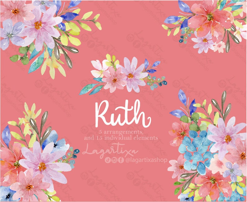 Puede incluir: Dise&ntilde;o floral de acuarela con el nombre "Ruth" y el texto "5 arreglos, y 15 elementos individuales Lagartixa @lagartixashop". El dise&ntilde;o presenta flores rosas, azules y amarillas sobre un fondo rosa.