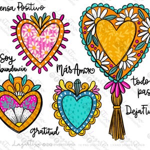 Corazones y Flores Mexicanos para DTF/Sublimación, Dibujos digitales Hechos a Mano Estilo Mexicano PNG, Coloridos con Frases Motivacionales