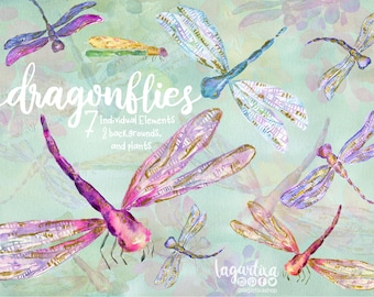 Dragonflies, Watercolor and Gold paint PNG Clip art, Background Whimsical, hand painted, mint, purple, pink, blue, gold, girly party,