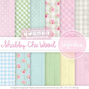 May include: Twelve digital scrapbook papers featuring a shabby chic wood theme. The papers include various patterns, such as gingham, polka dots, and floral designs. The papers are in pastel colours, including pink, blue, green, and yellow. The papers are 12 inches by 12 inches and 300 dpi.