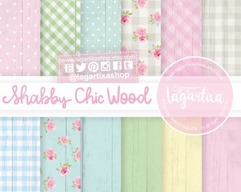 Shabby Chic Digital paper  Wood Distressed  Roses Flowers background blog invitations baby shower pastel colors blue pink yellow green white
