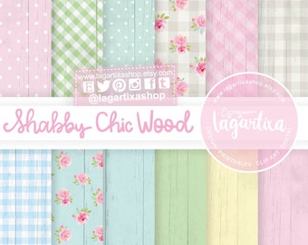 Papier cyfrowy Postarzane drewno Shabby Chic Tła Blog Zaproszenia Baby Shower Kwiaty Róże Pastelowe kolory Różowy Żółty Zielony Rustykalny