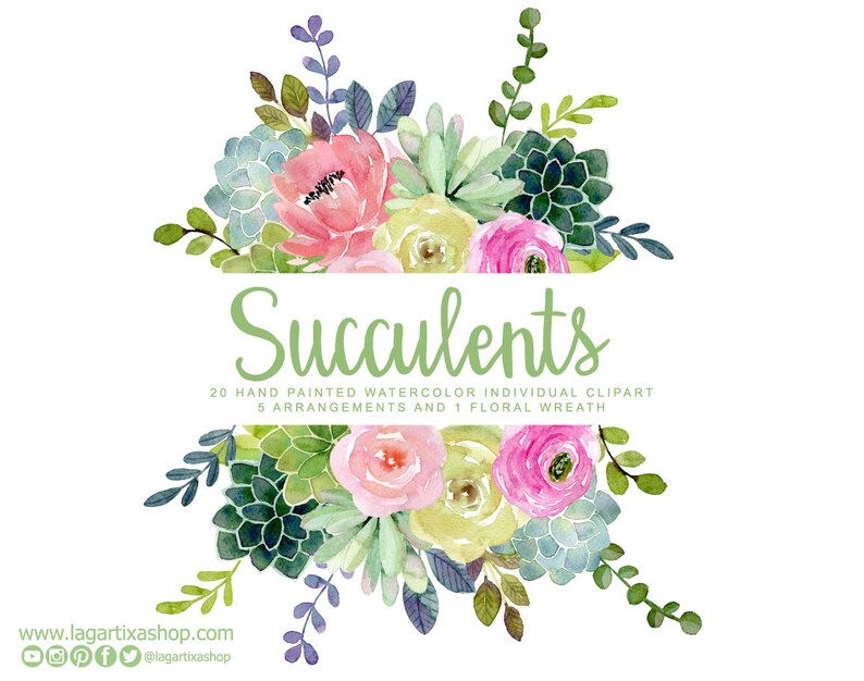 May include: Watercolor clipart featuring succulents and flowers in shades of pink, green, and yellow. The image includes 20 individual clipart elements, 5 arrangements, and 1 floral wreath. The text "Succulents" is written in green cursive lettering.