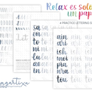Può includere: Quattro fogli di pratica di lettering con lettere blu e grigie. I fogli includono il testo "Relax es solo un papel" e "4 PRACTICE LETTERING SHEETS". I fogli hanno sfondi a pois e presentano vari esercizi di lettering.