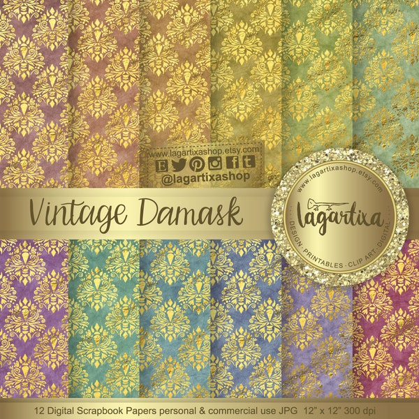 Patterns Gold Damask Vintage Watercolor Old grunge Foil Digital Paper Shabby Pink Beige Old blue mint coral teal scrapbooking invitations