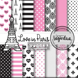 Papel Digital Fondos Paris Francia Torre Eiffel Corazones Encaje Damask Flor de Liz Rosa Negro Blanco Invitaciones Blog Web scrapbooking