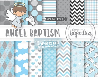 Angel Baptism, Digital Paper, Clipart, Clip art, Baby Blue, Gray, Grey, Chevron, Damask, Polka dots, First Communion, Holy Spirit, Frames