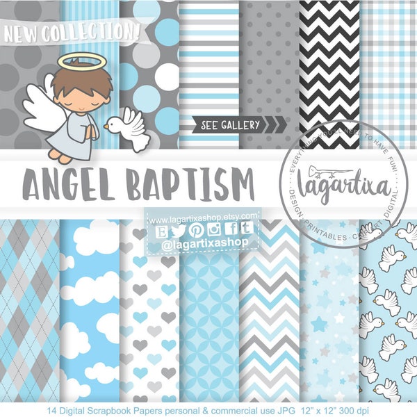 Angel Baptism, Digital Paper, Clipart, Clip art, Baby Blue, Gray, Grey, Chevron, Damask, Polka dots, First Communion, Holy Spirit, Frames