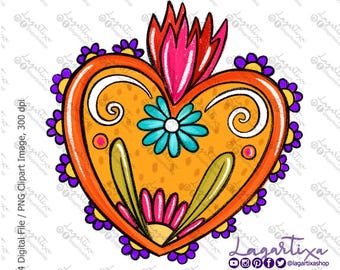 May include: A bright orange heart with a stylized floral design. The heart has a red and pink flame design at the top. The heart is surrounded by a purple and yellow floral border.