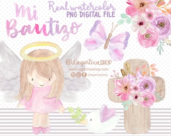 Angel Butterflies Cross Baptism PNG Clip art Pink Angel Holy Spirit Hand Painted Florals Girly Flowers Sublimation Images Candy Bar Ideas