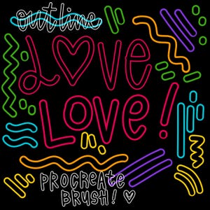 Puede incluir: Fondo negro con texto y formas de estilo neón. La palabra "LOVE" está en rosa, con una forma de corazón encima de la primera "O". Otro texto incluye "outline" y "Procreate Brush!" en blanco. Varias formas de neón en verde, azul, amarillo y morado.