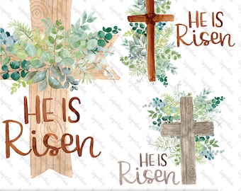 May include: Three watercolor illustrations of wooden crosses with greenery and the text "He is Risen".