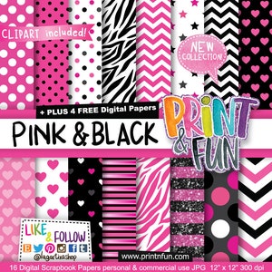 Digitale Hintergründe Digitales Papier Rosa Fuchsia und Schwarz, Glitzer, Zebra, Herzen, Streifen, Sterne, Animalprint, für Etiketten, Karten