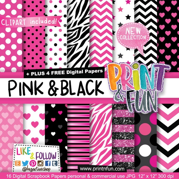 Hot Pink Black Animal Print Patterns Backgrounds Scrapbooking Hearts, Stars, Dots, Stripes, Glitter effect, Zebra Animal Print Designs