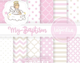 Baby Angel Baptism on Cloud Pink Girly Cute Blonde Pale Pink Digital Paper Clip art and white frame Chevron Hearts Baptism by Lagartixa