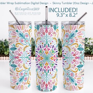 Puede incluir: Un diseño de sublimación para un vaso delgado de 20 onzas con un patrón de mandala colorido con elementos florales. El diseño mide 9,3 pulgadas por 8,2 pulgadas y está disponible como descarga digital.